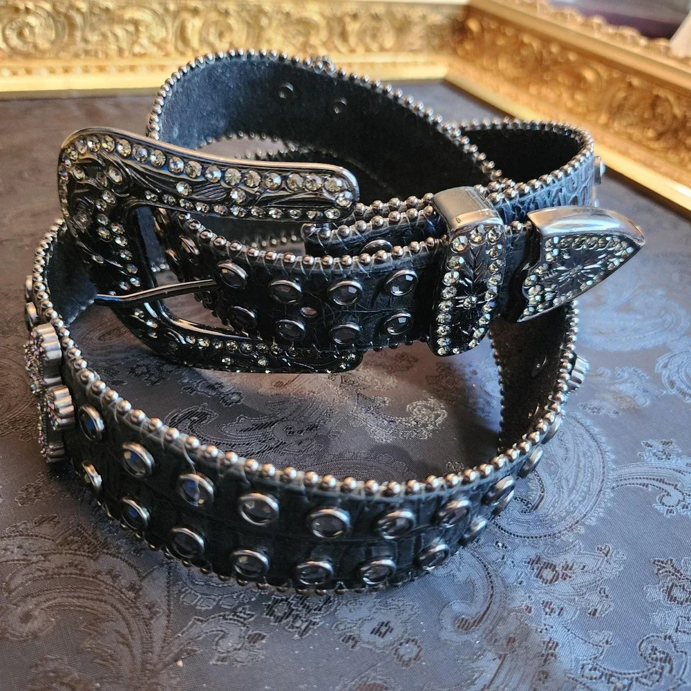 Womens Black Leather Western Bling Cross Rhinestone Belt M/L 32-35 6061SM